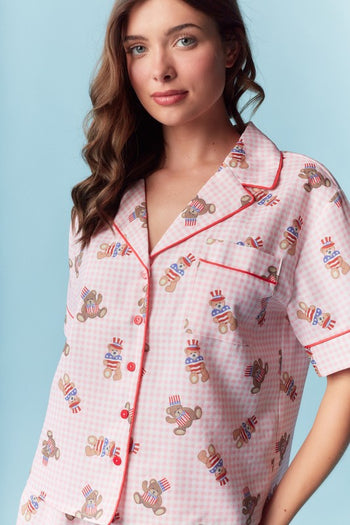 RARERAW Patriotic Teddy Bear Gingham Pajama Set in Pink