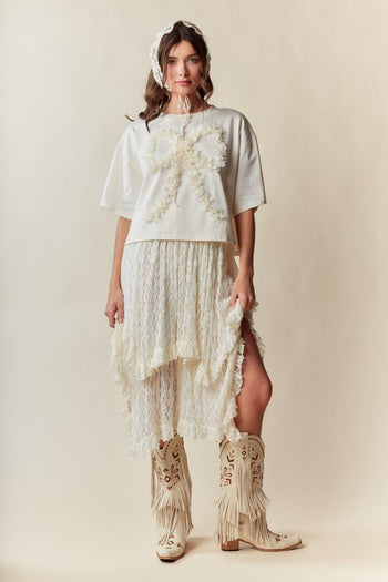 RARERAW Boxy CROP Top with 3D Floral Bow Applique in Creamy Ivory