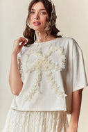 RARERAW Boxy CROP Top with 3D Floral Bow Applique in Creamy Ivory