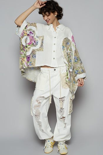 POL OVERSIZED Gauze and Floral Print Top in Off White Multi