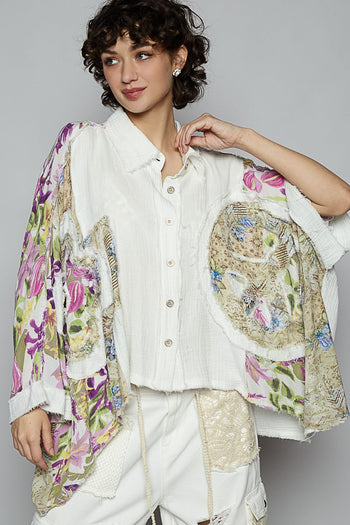 POL OVERSIZED Gauze and Floral Print Top in Off White Multi
