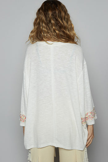 POL OVERSIZED Jersey Knit Top with Large Floral Patch Peace Sign Front in Off White