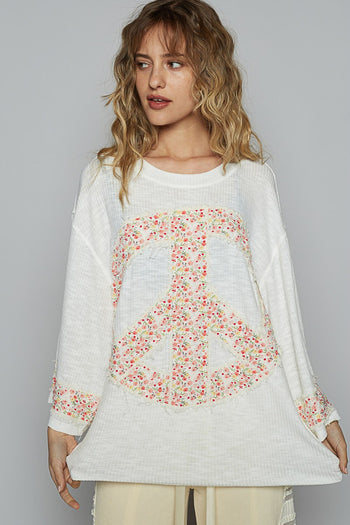 POL OVERSIZED Jersey Knit Top with Large Floral Patch Peace Sign Front in Off White