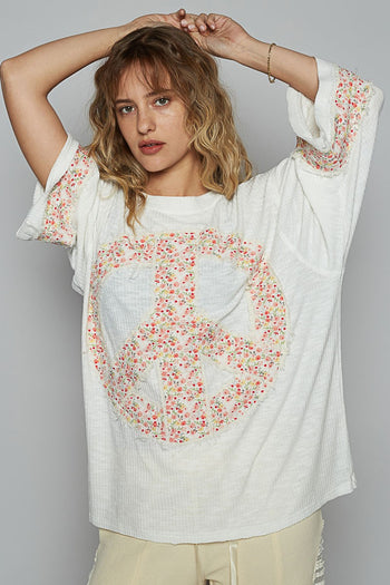 POL OVERSIZED Jersey Knit Top with Large Floral Patch Peace Sign Front in Off White