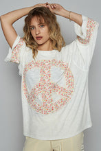 Load image into Gallery viewer, POL OVERSIZED Jersey Knit Top with Large Floral Patch Peace Sign Front in Off White

