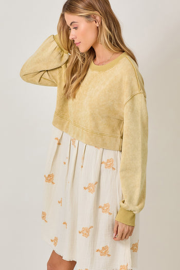 Mystree Twofer Sweatshirt Dress in Washed Custard