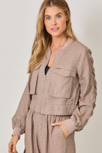 Load image into Gallery viewer, Mystree Cropped Linen Bomber Jacket in Vintage Rose
