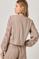 Mystree Cropped Linen Bomber Jacket in Vintage Rose