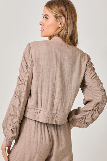 Mystree Cropped Linen Bomber Jacket in Vintage Rose