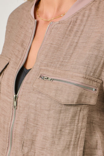 Mystree Cropped Linen Bomber Jacket in Vintage Rose
