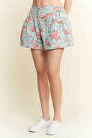 Jade By Jane High Waisted Floral Print Denim Pleated Shorts in Light Denim