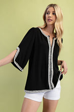 Load image into Gallery viewer, GiGio Solid Color Linen Blend Top with Trim Details in Black
