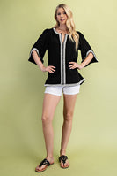 GiGio Solid Color Linen Blend Top with Trim Details in Black