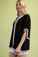GiGio Solid Color Linen Blend Top with Trim Details in Black