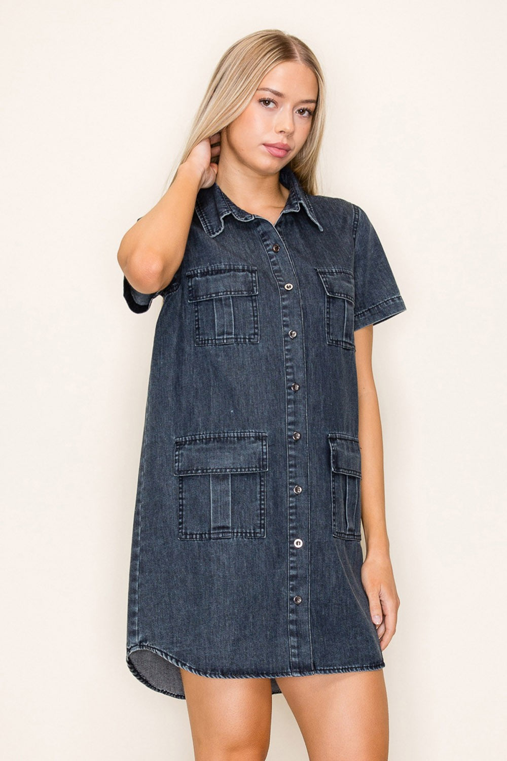 White Birch Knit Denim Mini Dress in Washed Black M at June Adel
