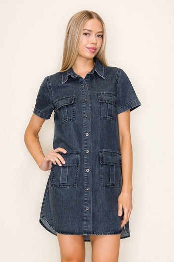White Birch Knit Denim Mini Dress in Washed Black