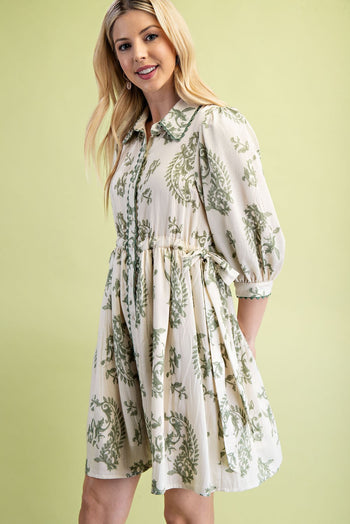 GiGio Printed Button Down Mini Dress in Sage