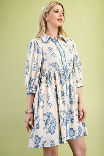 GiGio Printed Button Down Mini Dress in Blue