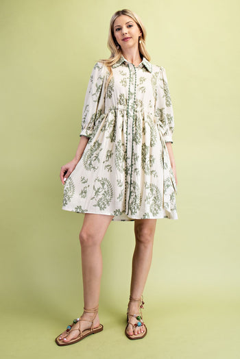 GiGio Printed Button Down Mini Dress in Sage