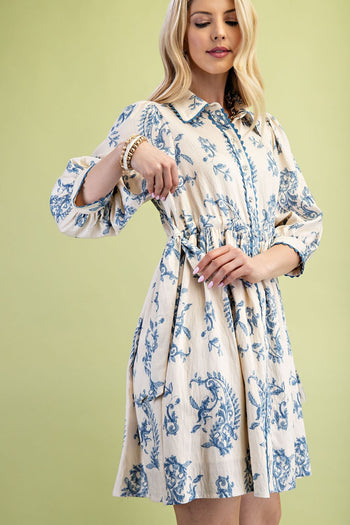 GiGio Printed Button Down Mini Dress in Blue