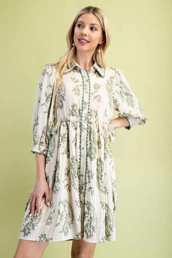 GiGio Printed Button Down Mini Dress in Sage