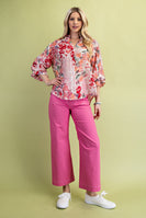 GiGio Floral Print Button Down Top in Fuchsia Mix