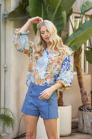 GiGio Floral Print Button Down Top in Blue Mix