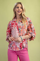 GiGio Floral Print Button Down Top in Fuchsia Mix