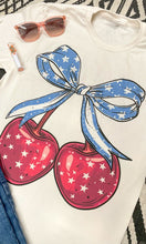 Load image into Gallery viewer, Sugar Stitch Cherry Bow Patriotic Graphic T-Shirt with Rhinestones in Natural
