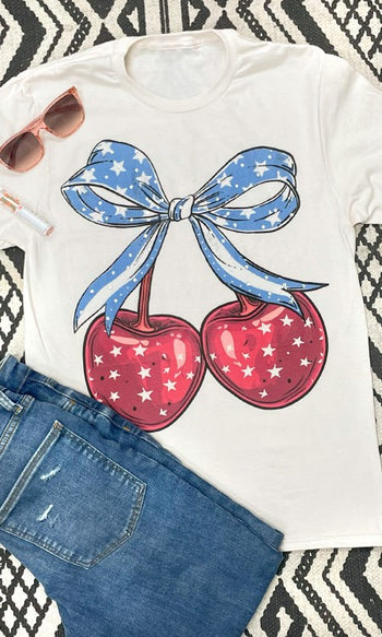 Sugar Stitch Cherry Bow Patriotic Graphic T-Shirt with Rhinestones in Natural