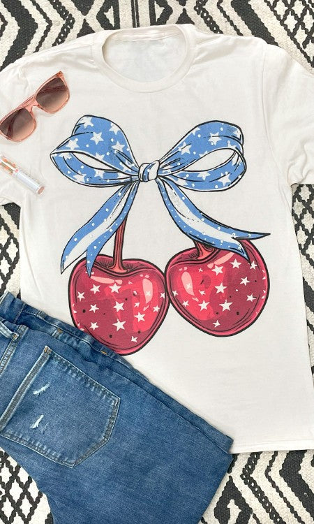 Sugar Stitch Cherry Bow Patriotic Graphic T-Shirt with Rhinestones in Natural