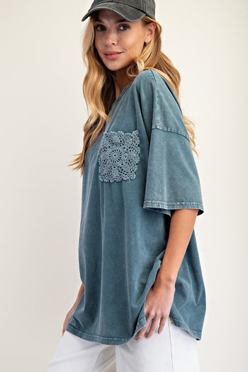 Easel OVERSIZED Mineral Washed Top with Crochet Pocket in Faded Teal