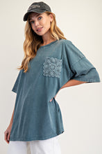 Load image into Gallery viewer, Easel OVERSIZED Mineral Washed Top with Crochet Pocket in Faded Teal
