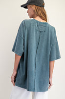 Easel OVERSIZED Mineral Washed Top with Crochet Pocket in Faded Teal