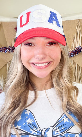Sugar Stitch USA Soft Chenille Patched Patriotic Trucker Hat in Red/White