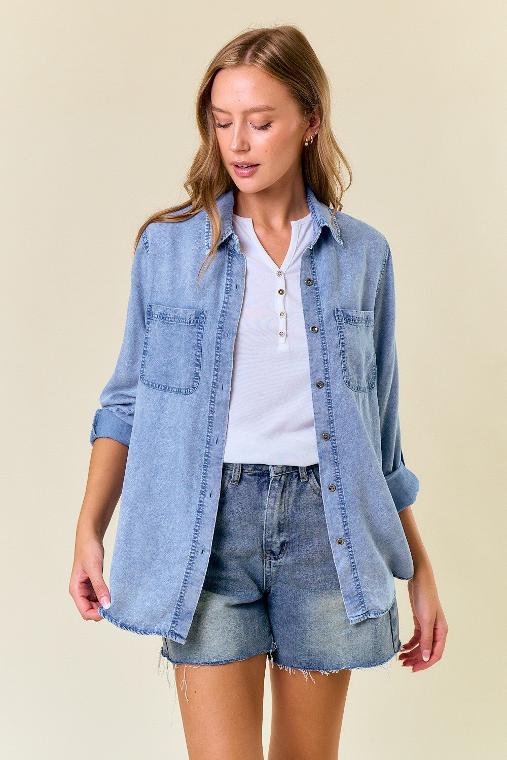 Doe & Rae Lightweight Chambray Top in Light Denim