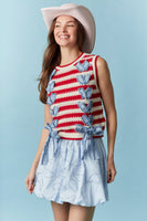 Peach Love Open Knit Striped Vest with Weaved Denim On Front in Red/Ivory