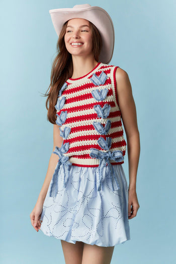 Peach Love Open Knit Striped Vest with Weaved Denim On Front in Red/Ivory