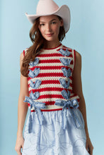 Load image into Gallery viewer, Peach Love Open Knit Striped Vest with Weaved Denim On Front in Red/Ivory
