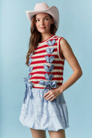 Peach Love Open Knit Striped Vest with Weaved Denim On Front in Red/Ivory
