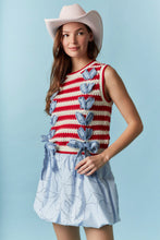 Load image into Gallery viewer, Peach Love Open Knit Striped Vest with Weaved Denim On Front in Red/Ivory
