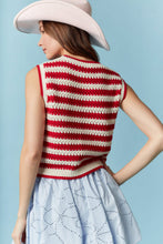 Load image into Gallery viewer, Peach Love Open Knit Striped Vest with Weaved Denim On Front in Red/Ivory

