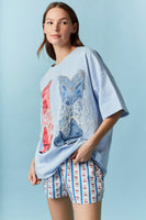 Peach Love OVERSIZED TOP with Graphic Print Boot and Lace Bow in Light Blue