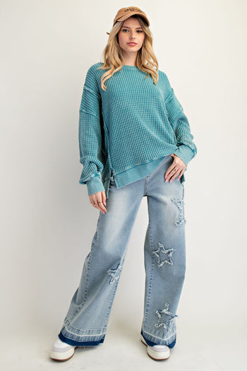 Easel Mineral Washed Thermal Knit Top in Faded Teal