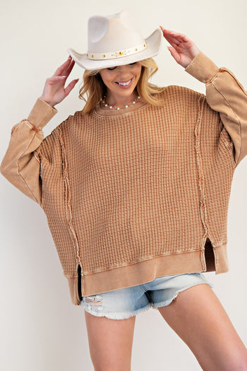 Easel Mineral Washed Thermal Knit Top in Almond