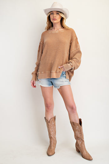 Easel Mineral Washed Thermal Knit Top in Almond