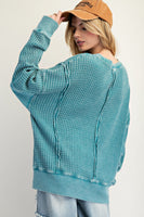 Easel Mineral Washed Thermal Knit Top in Faded Teal