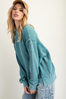 Easel Mineral Washed Thermal Knit Top in Faded Teal