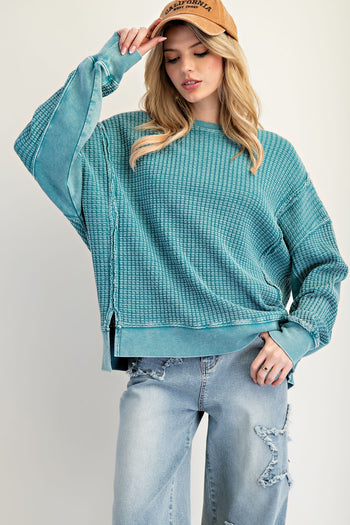 Easel Mineral Washed Thermal Knit Top in Faded Teal