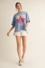 Load image into Gallery viewer, Jodifl OVERSIZED Knit Top with Vintage Flag Patched Bow Front in Blue
